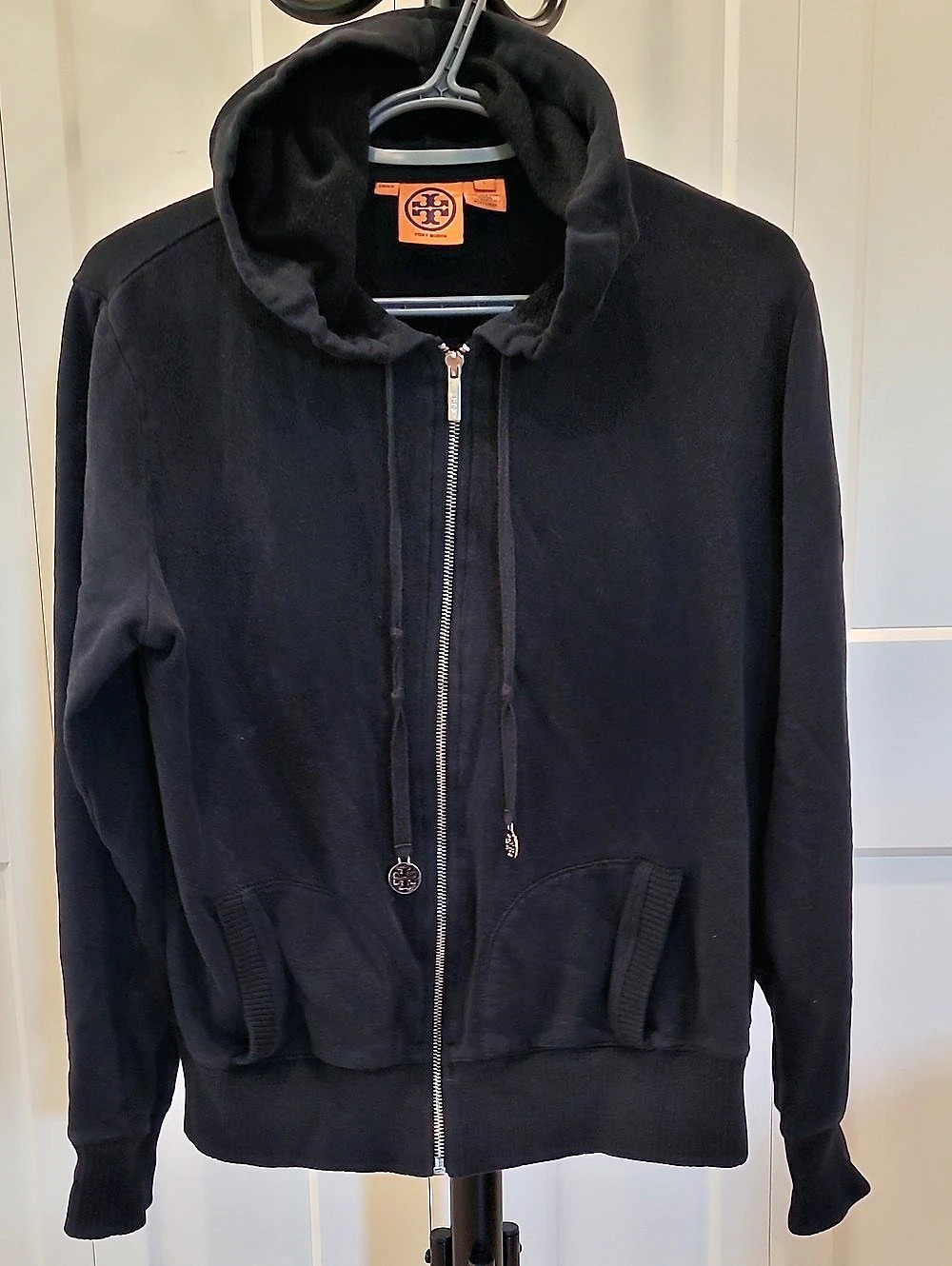 Tory Burch Black Cotton Blend Hooded Jacket Size Large